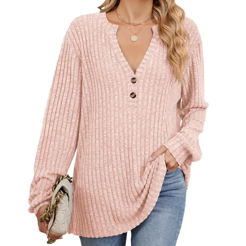 Loose Long Sleeve T-shirt Brushed Solid Color Women's Fall Winter New Leisure Ribbed Button