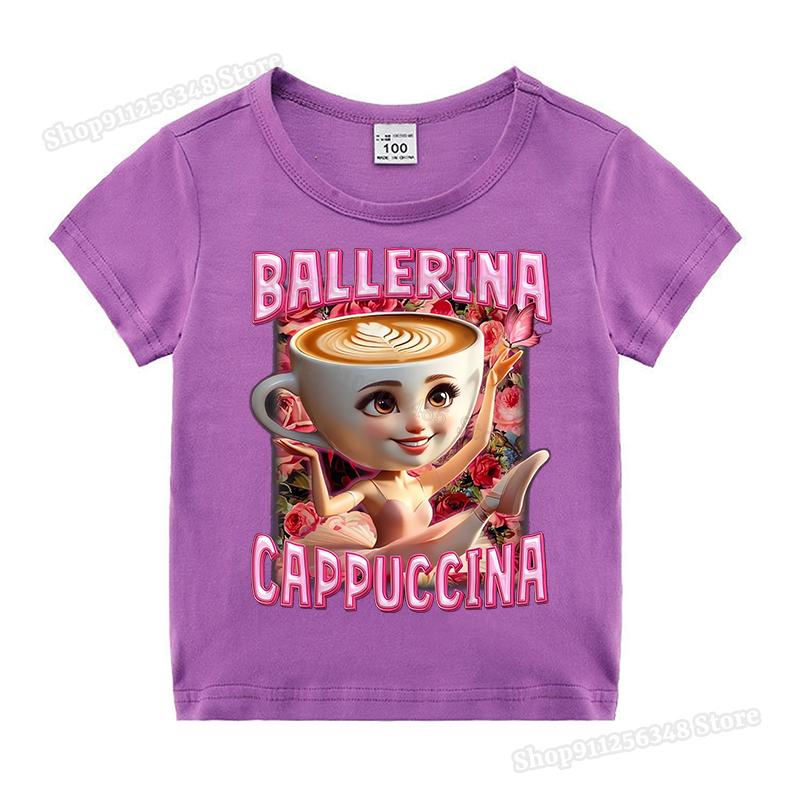 Italian Brainrot Cute Meme T-shirt for Girls Clothes Ballerina Cappuccino Print Tee Tops Pink Summer Cotton Outfits Streetwear