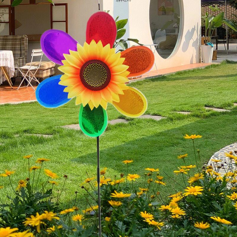 Wind Spinners Outdoor Sunflower Reflective Pinwheel Colorful Rainbow Decor Bird Scare Device for Farm Lawn House Orchard Pool