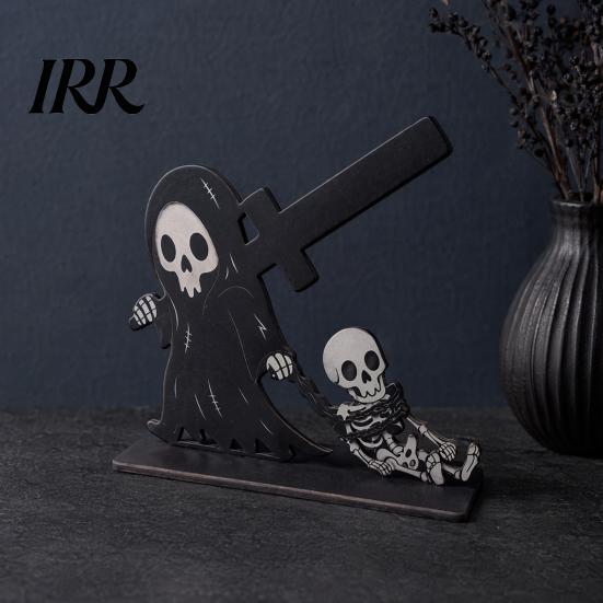 Festive Table Decor Halloween Sign, Spooky Ghost Grim Reaper Black Cat Pumpkin Scarecrow Realistic Patterns Wooden Tabletop Centerpiece for