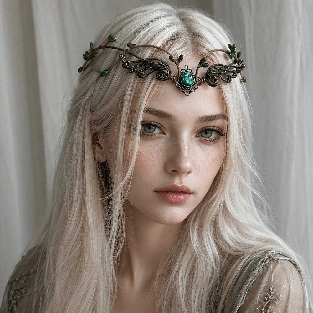 Moon Flower Elven Crown Green Gemstone Branch Leaf Headpiece Bridal Forehead Chain Wedding