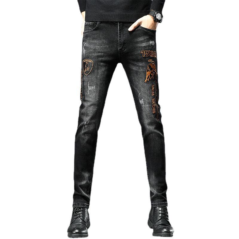 Men's Trendy Black Embroidered Slim-Fit Jeans – Youthful Stretch Casual Pants