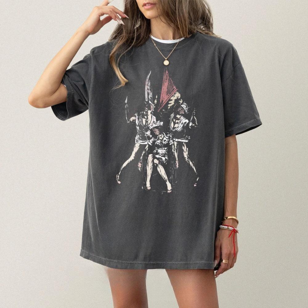 Grunge Horror Videospiel T-Shirt 90er Y2K Silent Pyramid Head T-Shirt Kleidung Grafik Kurzarmshirt Unisex Unisex Damen Ganzjahres