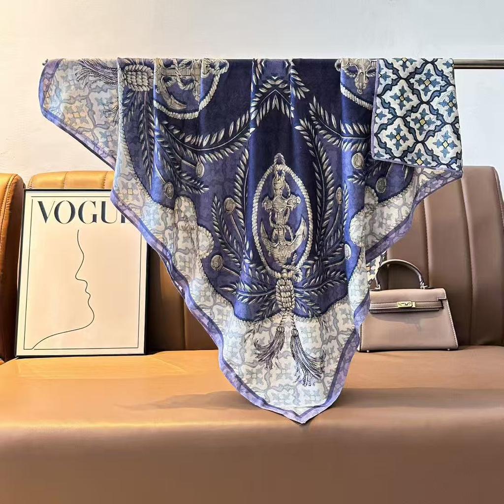 Imitation Velvet Silk Scarf Women'S 90 Square Scarf Double-Sided Heterochrome Splicing Printing Travel Beach Towel Sunscreen Shawl