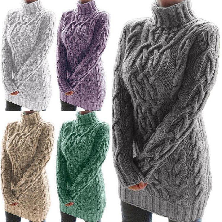 Women Winter Knitted Turtleneck Sweater Dress Warm Thick Retro Pullover Long Sleeve Autumn Ladies Fashion