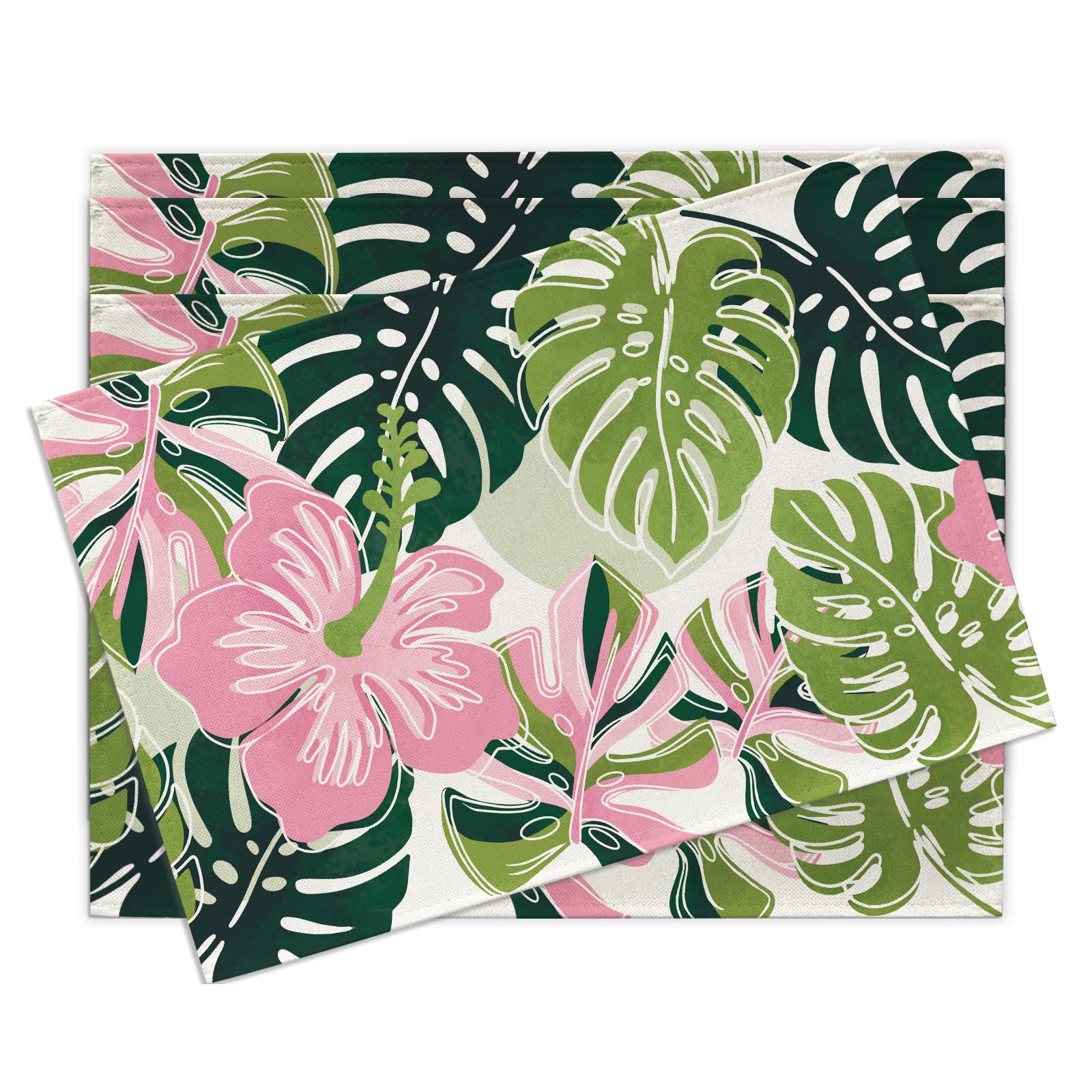 

Summer Monstera Palm Leaves Placemats Set of 4, Luau Tropical Plant Botanical Frangipani Dining Place Mats Table Decor, Hawaiian Seasonal Home Kitchen 4Pcs-12 X18