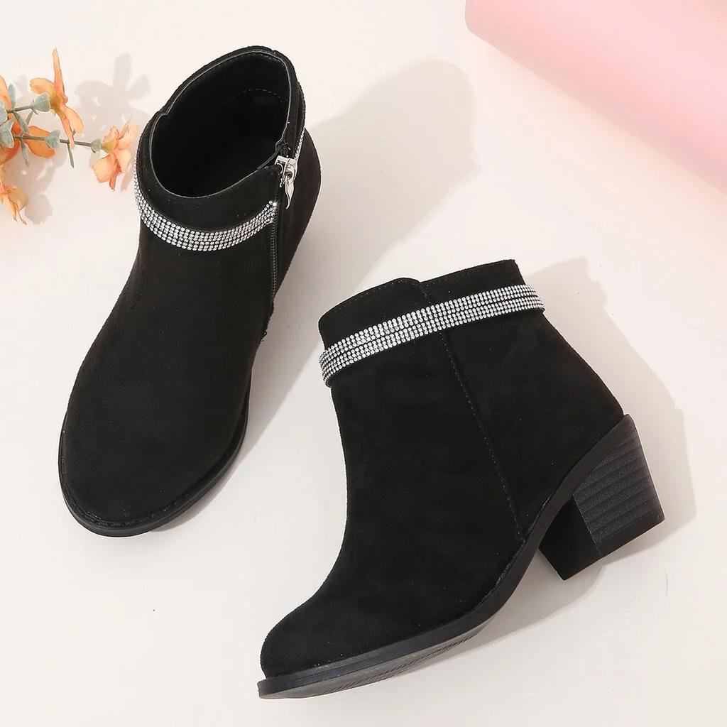 Girls Boots Low Heels Rhinestones Versatile Fashion Children Fashion Leather Boots Simple Side Zipper Chic 2024 Kids Boots Cute