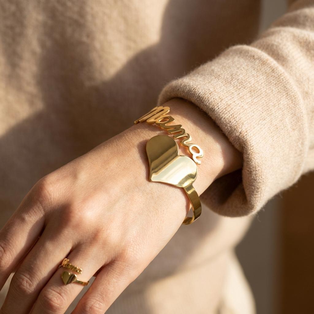 2 Pcs Gold Color Mama Letter Bracelet Ring Set For Women Love Heart Adjustable Bangle Finger Ring Mother's Day Mom Jewelry Gifts