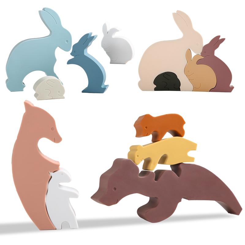 1Set Rabbit Silicone Blocks Baby Montessori Educational Toys for Children Creative Animal Jigsaw Stacking Toys Constructor Games