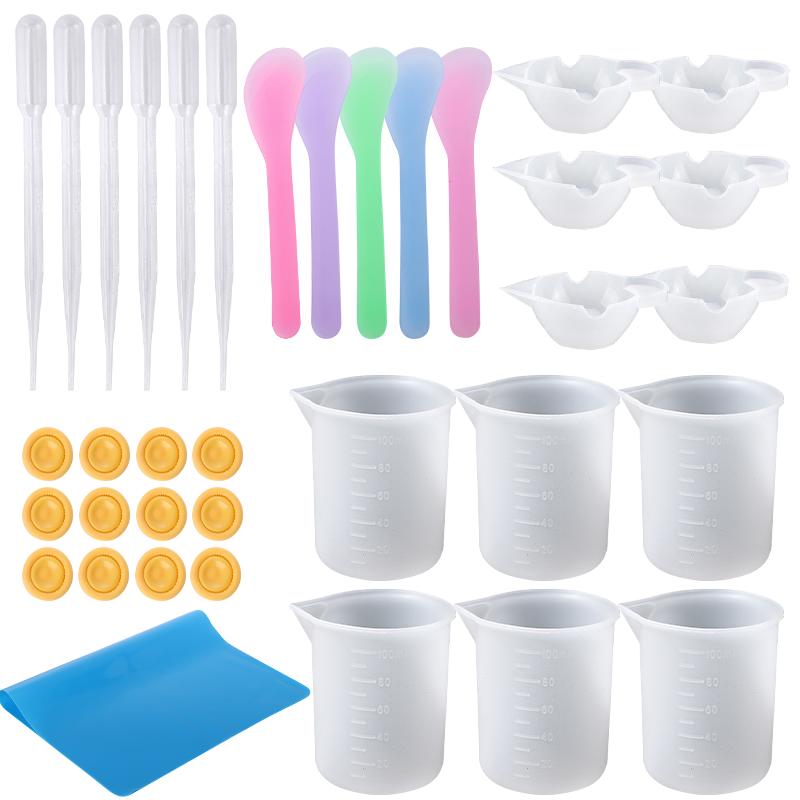 Easy Clean Silicone Resin Measuring Cups Tool Kit with Stir Sticks Pipettes Spatula Finger Cots for Epoxy Resin Mixing Supplies