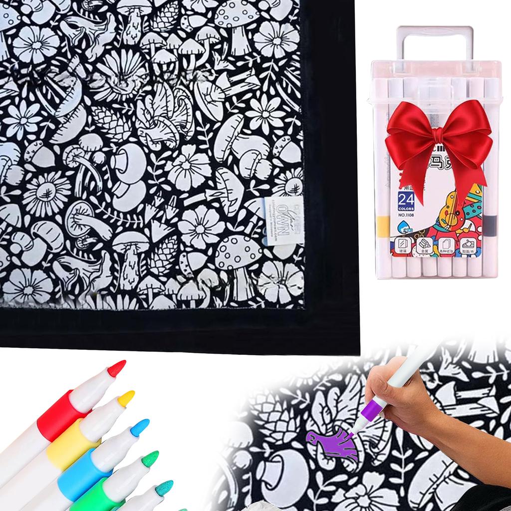 24Color Pens DIY Coloring Blanket with Markers Color Your Own Blanket Washable Reusable Soft Cozy Fleece Drawing Mat for Friends