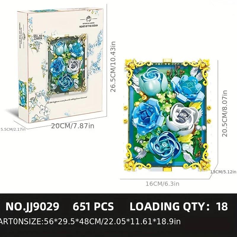 651PCS Preserved Flower Photo Frame Building Blocks Blue White Rose 3D Puzzle Toy DIY Model Bricks Flower Kids Holiday Gifts