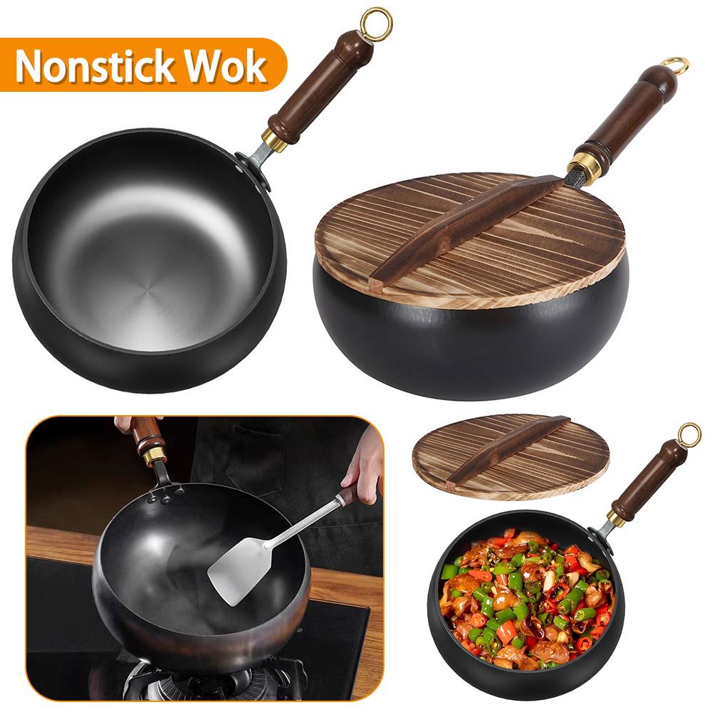 Nonstick Wok with Wooden Handle Iron Wok Uncoated Iron Pan for Indoor and Outdoor Cooking