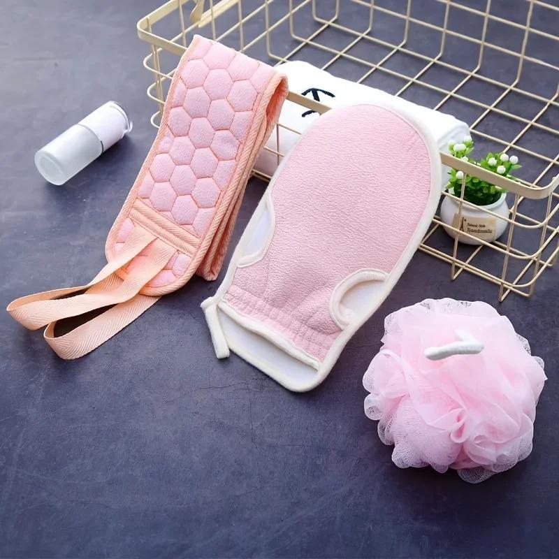 

3pcs/set Bath Exfoliating Set Bath Towel Gloves Bath Flower Household Removal Combo Set Body Scrubber Bathing Accessories рожевий