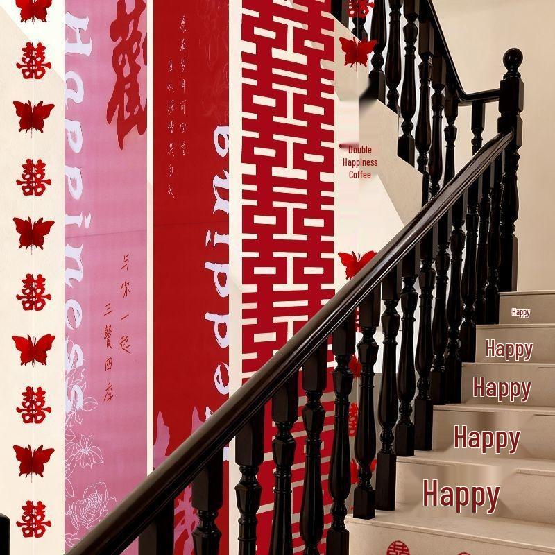 Double Happiness Stair Decor: Rustic Wedding Handrail & Wall Garland Set