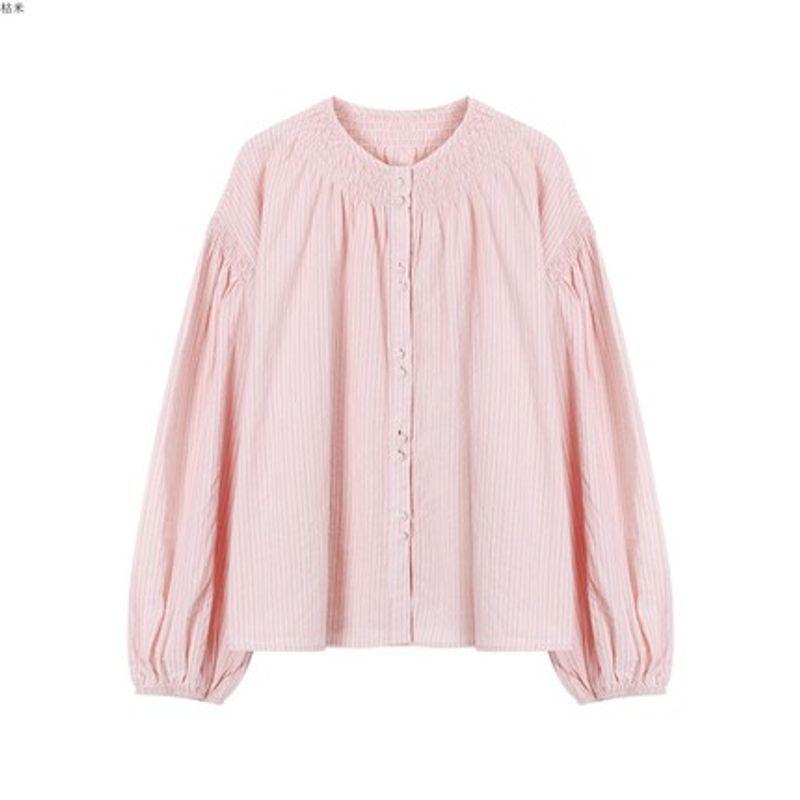 

Kumikumi Sweet Pink Stripes Lantern Sleeve Shirt Female Early Autumn Small Anti-Aging Casual Loose Tops Picture color One size