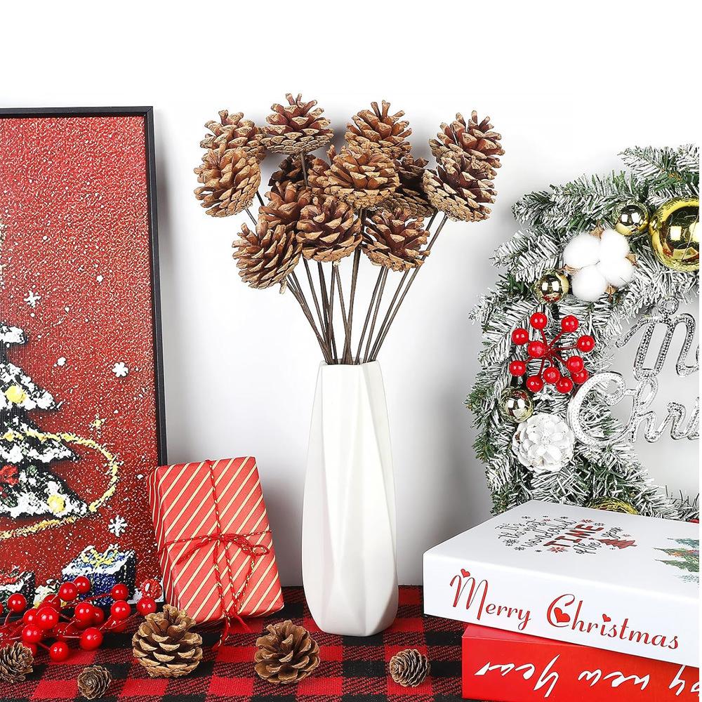 Artificial Pine Cone Dried Cotton Stem Set Fake Red Berries Cedar Branches for Christmas Flower