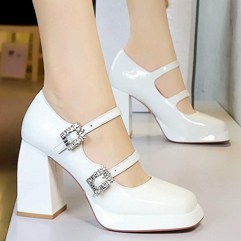 

Дизайн с пряжкой из стразов Женские туфли-лодочки Массивные блочные каблуки женская платформа Высокие каблуки лакированная кожа женская обувь туфли Мэри Джейн 40