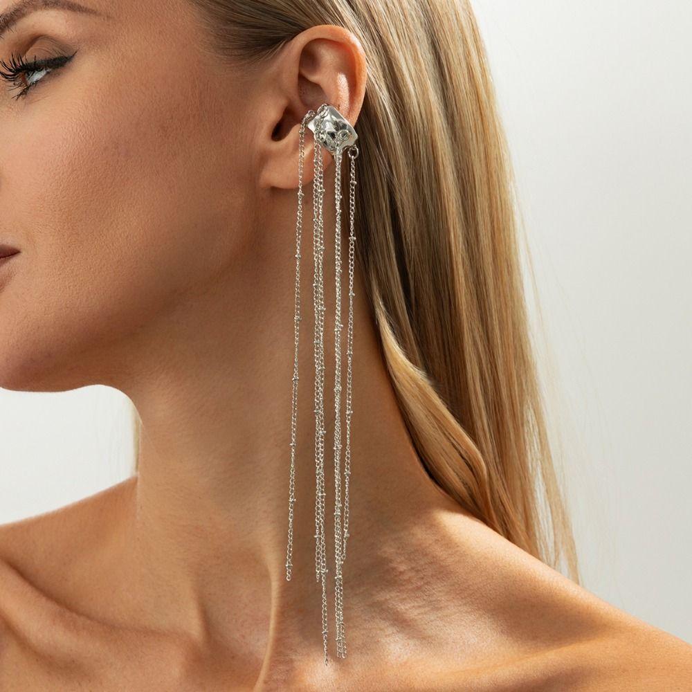 Alloy Copper Chain Long Tassel Earrings Silver Color Gothic Ear Clip Earrings No Piercing Required C-shaped Ear Cuff