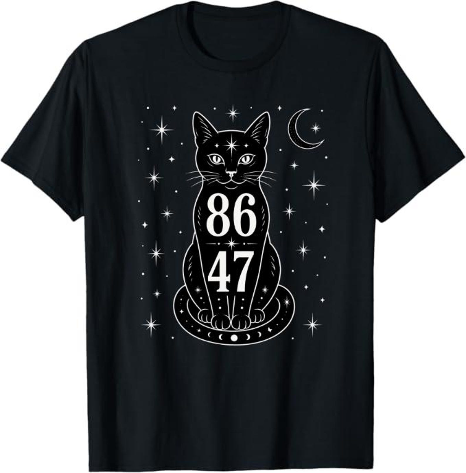 Mystical Black Cat 8647 T-Shirt, celestial witchy cat lover Gift, astrology moon stars Graphic Tee S