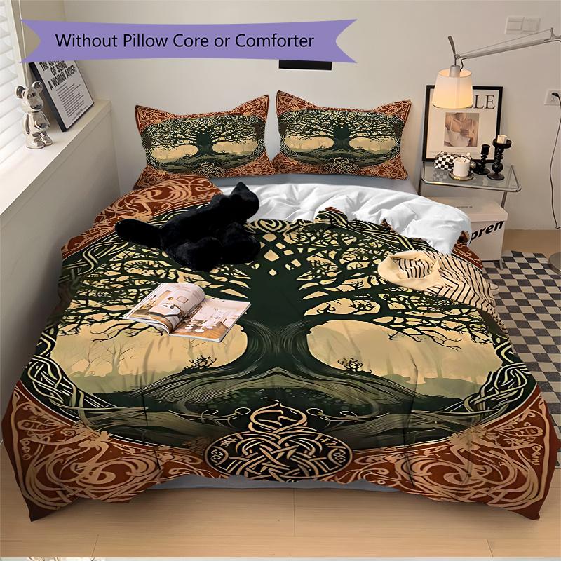 3pcs Tree of Life Celtic Knotwork Comforter Set with Two Pillowcases (No Core), Home Decor, Festival Gift, Polyester Fabric, Anime Cartoon Design