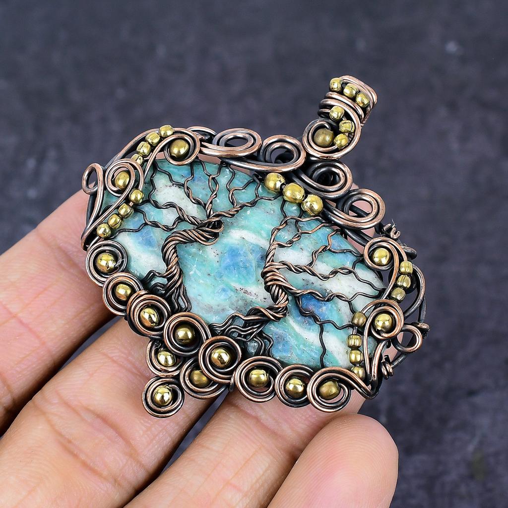 Larimar Gemstone Copper Wire Wrap Jewelry Pendant 2.36"