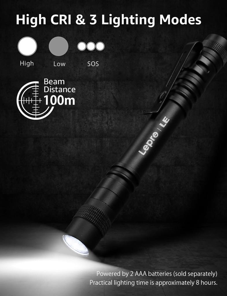 Lepro LED Compact Set of 2 120 3 Dimming Battery Aluminum Alloy with Portable for Disaster Handheld Includes AAA Batteries Flashlight, Penlight, [High