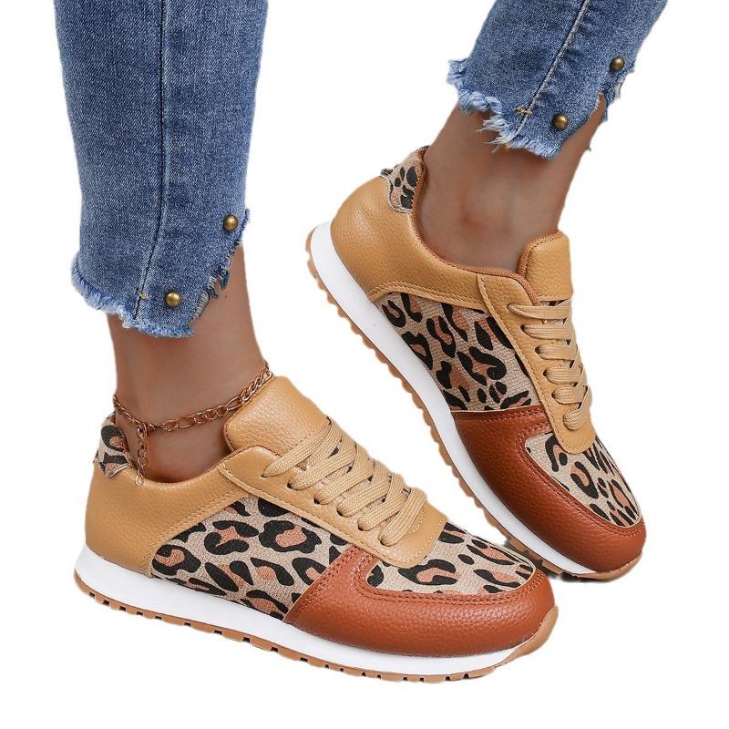 New thick-soled low-top lace-up leopard print sneakers women's large-size splicing casual shoes