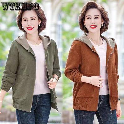 Single Layer Corduroy Short Jacket for Women's Spring and Autumn Loose and Versatile Fashion Casual Hooded Coat