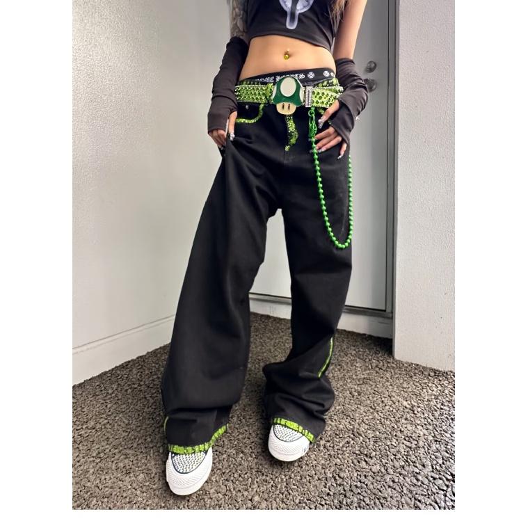 

Тренд Гонконга, мужские летние новые прямые джинсы с персонализированными надписями в стиле хип-хоп, модные уличные модные красивые брюки в стиле хулиган 3XL зелёный