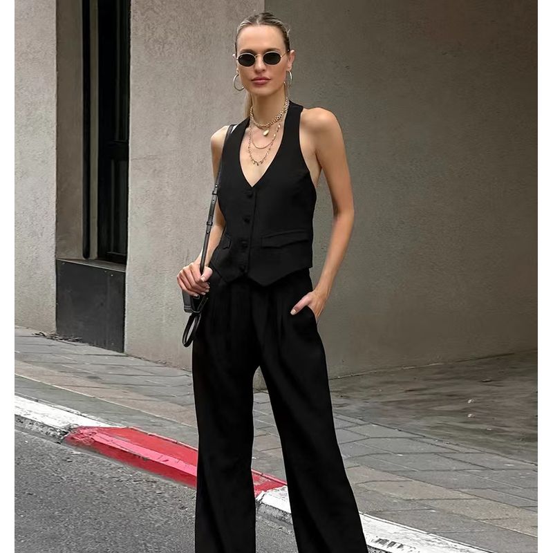 European and American Sexy Backless Halter Top Trousers Set Hanging Neck Vest and Pants Set