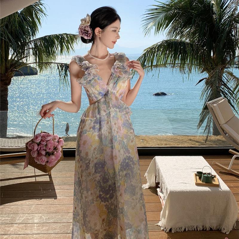 French Style Summer Sexy Backless Floral Dress with String,  Beach Holiday Dress