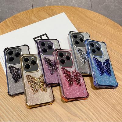 Infinix Hot 40 Pro 30 30i 40i 10S NFC 10 Lite 9 Play İçin Lüks Kaplama Darbeye Dayanıklı Kelebek Standlı Telefon Kılıfı Simli Yumuşak Kılıf