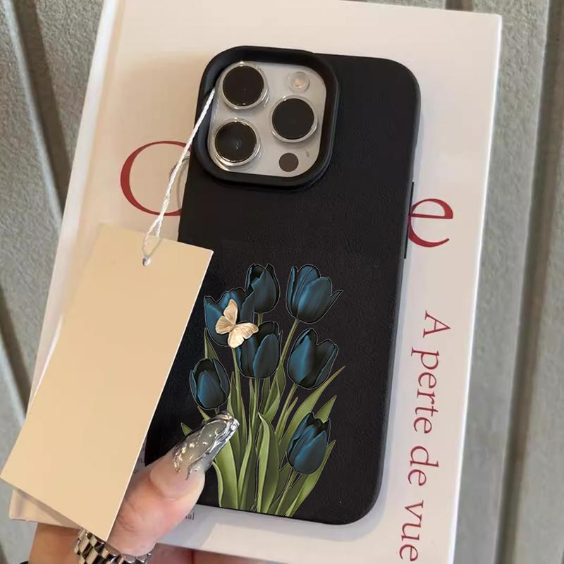 

Blue Black Tulip Butterfly Lychee Texture Phone Case For iPhone 17 Pro Max 16 15 14 13 12 11 Pro 14 15 Plus 17Air Silicone Cover iPhone XR