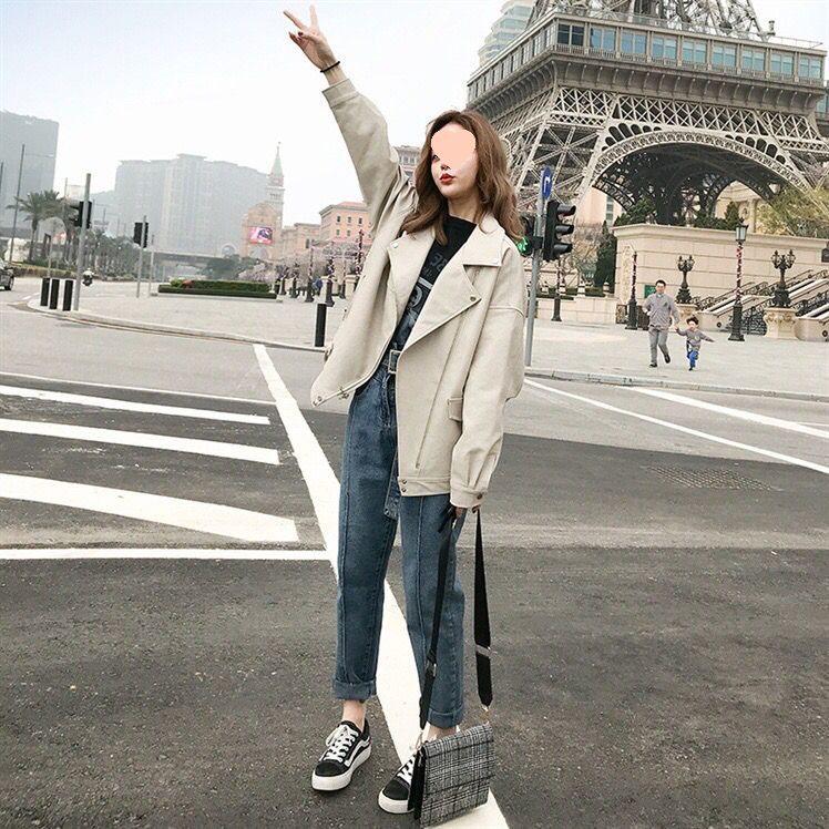 Women's Thick PU Leather Motorcycle Jacket - Spring/Summer, Korean BF Style, Loose Fit, College Short Outerwear