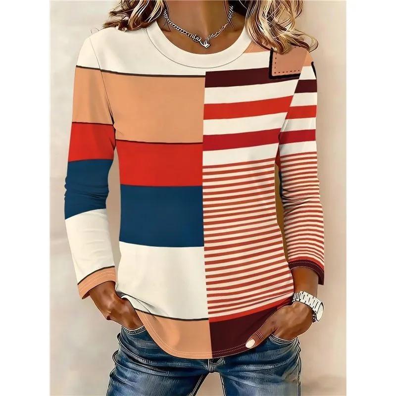 Autumn Women's 3D Color Striped Print Crew Neck Long Sleeve T-Shirt
