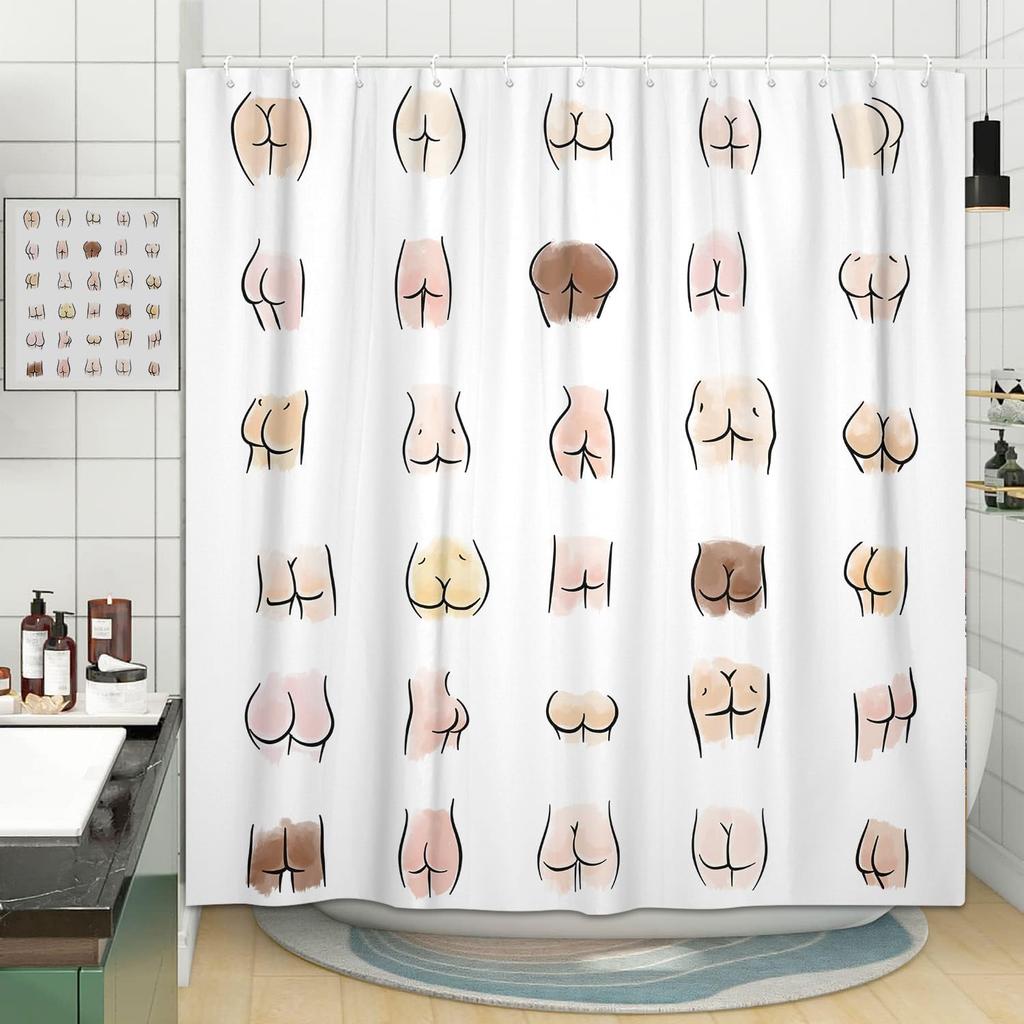 Bathroom Funny Shower Curtain, Funny Butt Hilarious Fabric White Toilet Decoration Accessories Shower Curtain With 12 Hooks