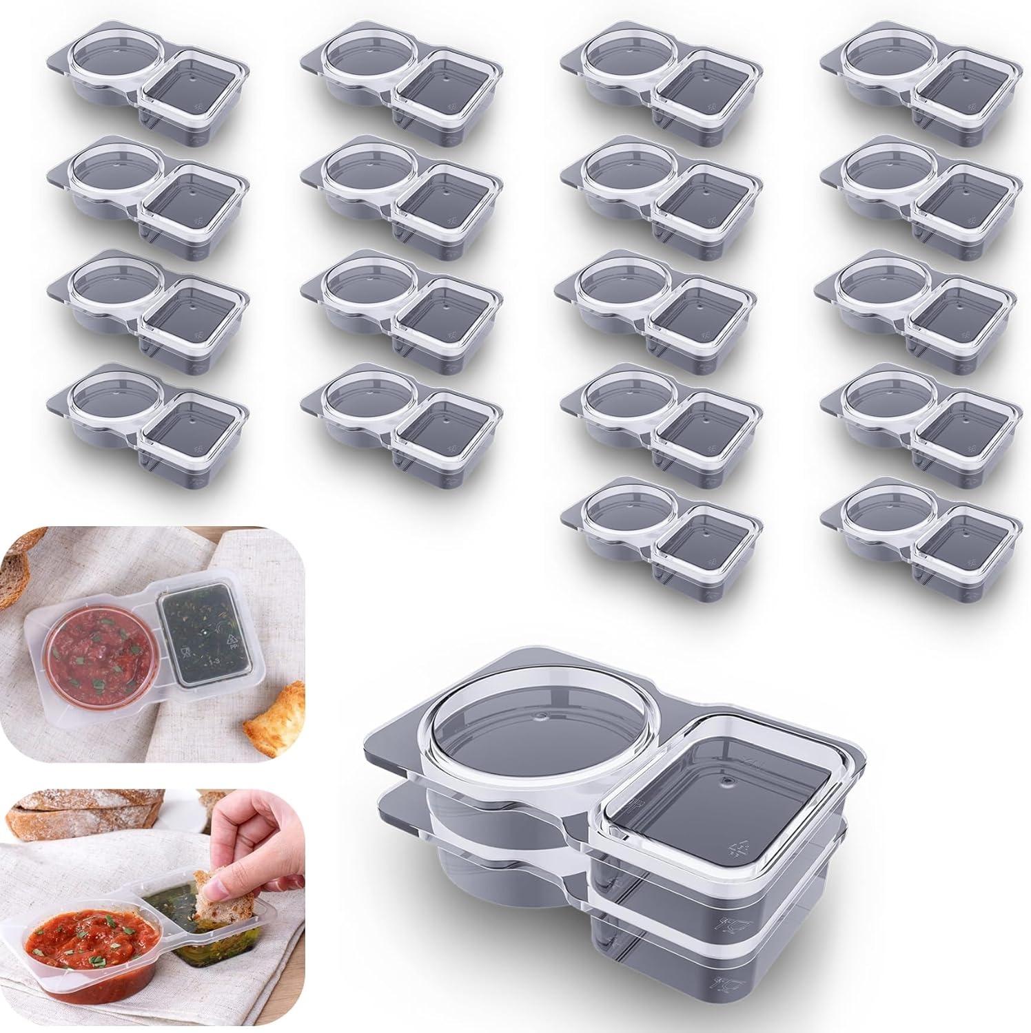 20Pcs Double Compartment Condiment Container with Lid Snack Containers for to-go Sauce, Sampling, Travel Snack
