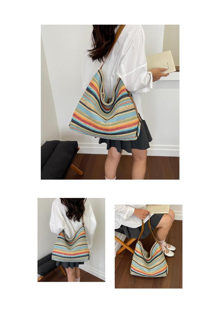 Stylish Striped Straw Shoulder Bag - Large Capacity Korean Vacation Handbag for Women
