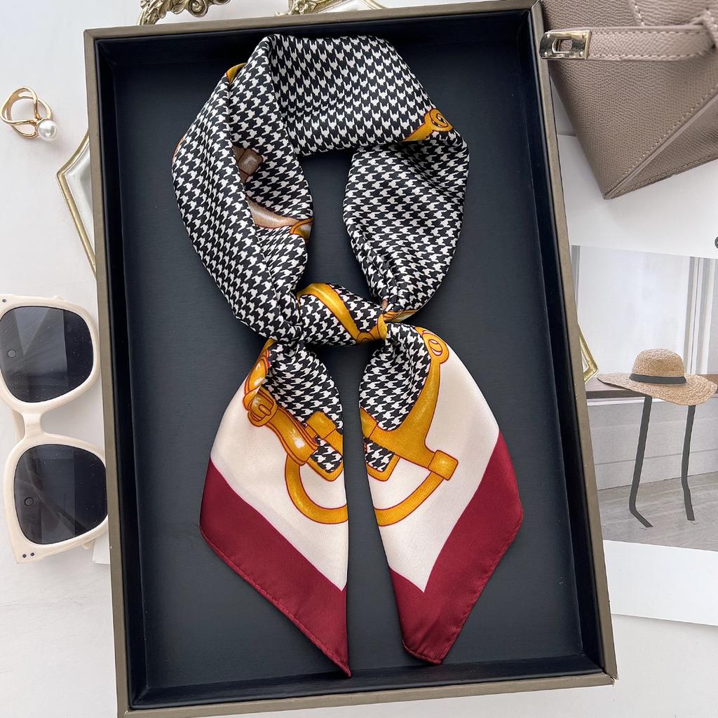 Black Thousand Birds 70Cm Simulation Silk Scarf Daily Casual Decoration Headband Band Small Square Scarf Multifunctional Scarf