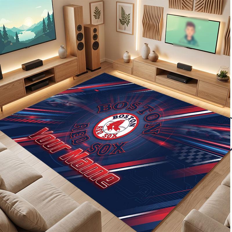 Boston Red Sox Personalized Crystal Velvet Carpet, Customized Name Text Soft Anti‑Slip Rug for Living Room Bedroom