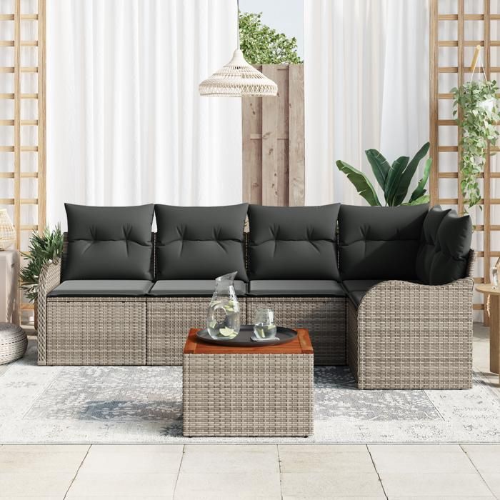 Ensemble de canapé de jardin 6 pièces avec coussins gris en poly rattan et acacia, Canapé de jardin 2 places avec rangement 3356123