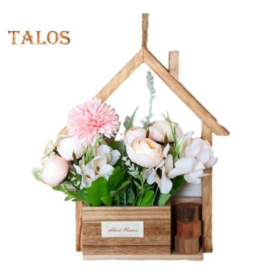 Hölzerner Wandpflanzkasten mit künstlichen Blumen, eingetopften künstlichen Blumen, Heimwanddeko, künstlichen Topfpflanzen für Garten, Terrasse, Wohnzimmer, Schlafzimmerdekoration
