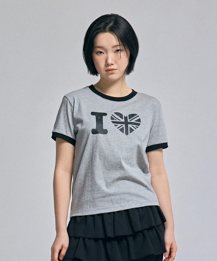 AWESOME STUDIO Heart Ringer Color Block Short Sleeve T-Shirt Melange Gray