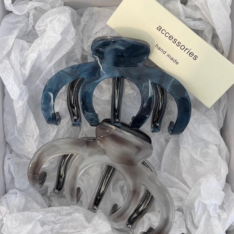 High-End Metal Acetate Ash Blue Hair Clip: Women's Elegant Large Shark Clip Headdress