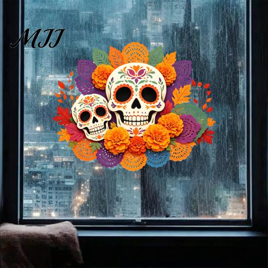 Decorative Holiday Gifts Day of The Dead Window Static Sticker, Flower Skull PVC Authentic Festival Accents Decals, Waterproof Halloween Glass