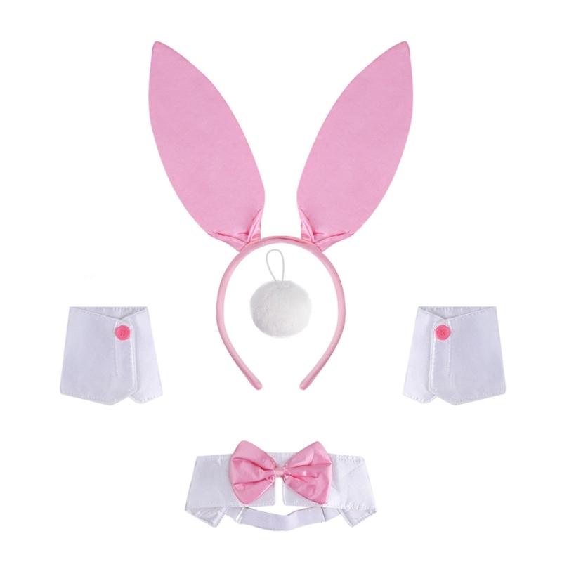 1/4Pcs Women's Bunnies Costume Accessories Set Rabbit Ears Headband Bowtie Collar Cuffs Rabbit Tail for Easter Party