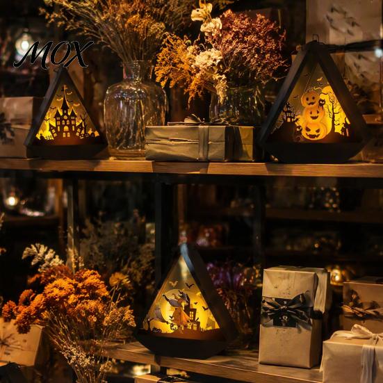 Halloween Gift for Kids Triangle LED Lantern, Tumbler Shape Night Light with Witch Ghost Paper Carving Silhouette Lights Pumpkin, Battery Operated