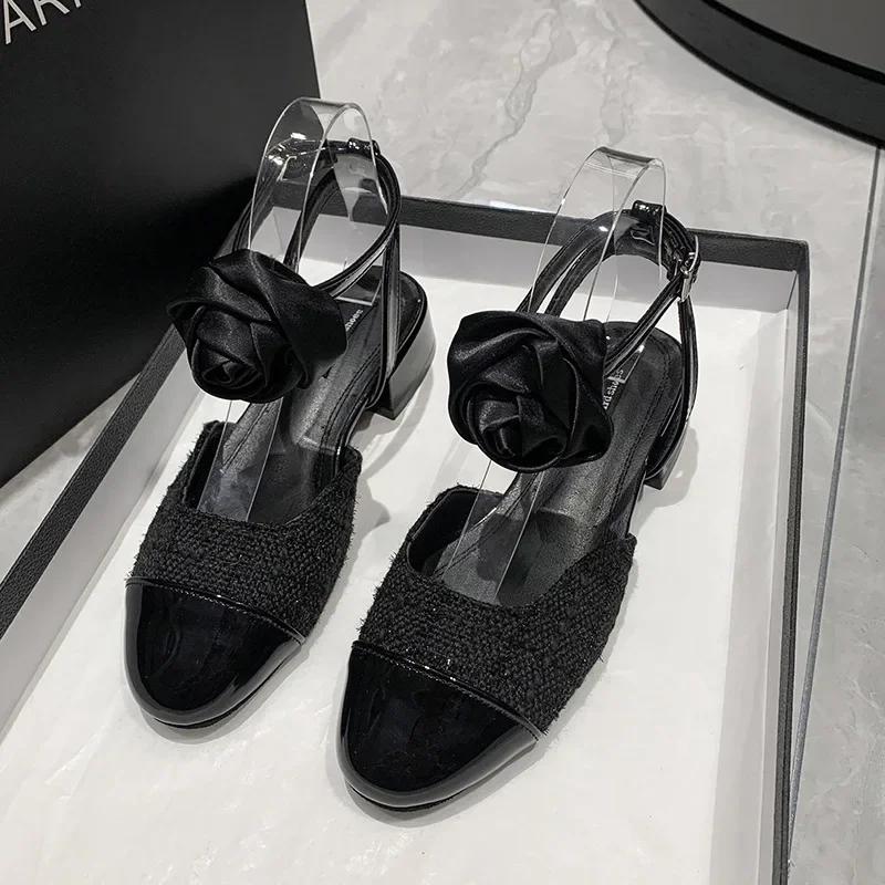 Fashion 2024 Spring and Summer fashion New Baotou Sandals Women's Color blocked Light Mouth Flower Hollow Single Shoes