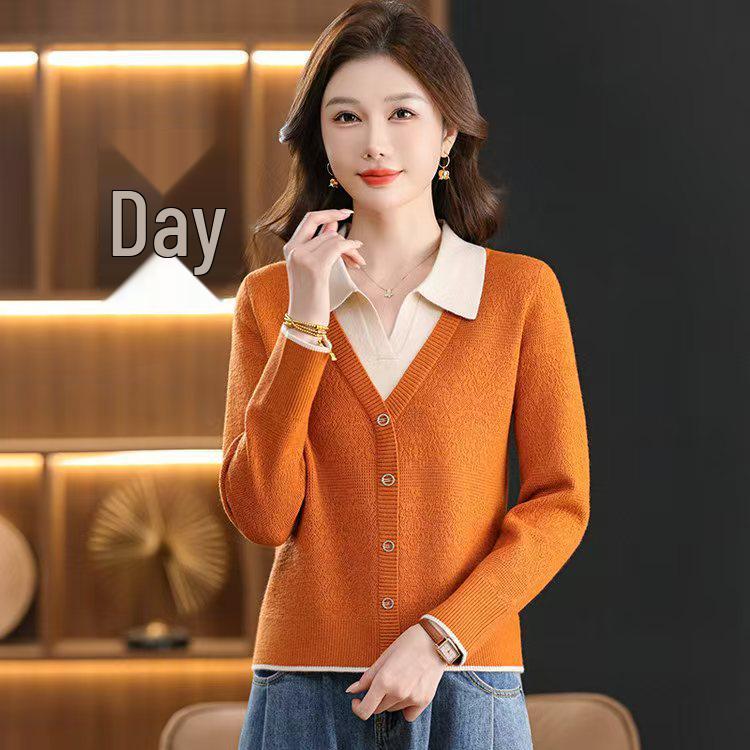 Women's Color Block Knit Sweater with Lapel and Faux Two-Piece Design